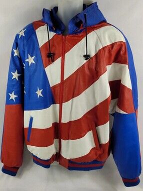 USA United States Flag Vintage 90s Leather Full-Zip Jacket Hooded Speedy Mens XL